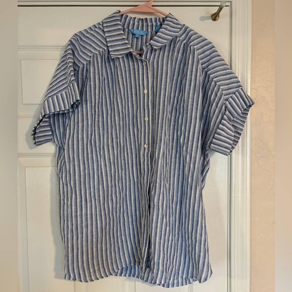 Draper James RSVP Blue White Striped Button Up Linen Cotton Top size L